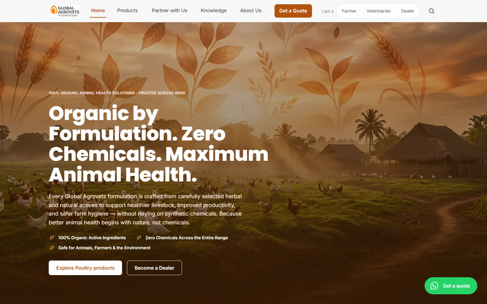 Global Agrovets — an organic animal-health website with a warm farm hero, audience routing for farmers, vets and dealers, and a quote call to action.