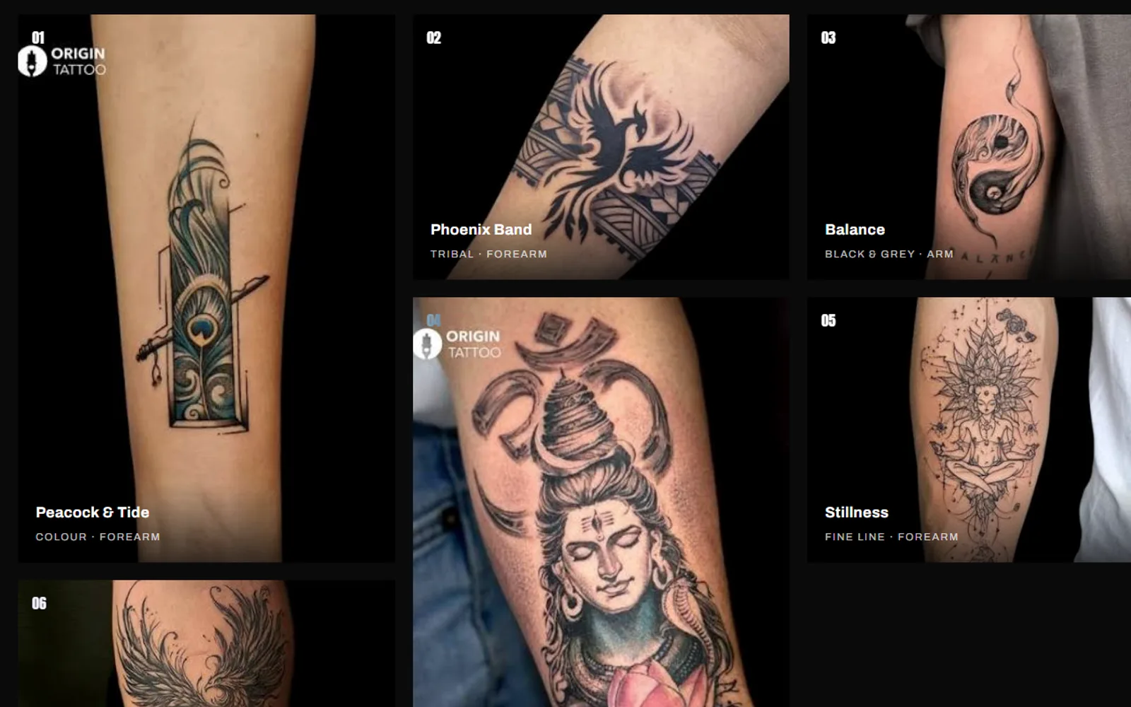 Origin Tattoos — a dark studio gallery displaying real tattoo work, each piece labelled by style and placement.