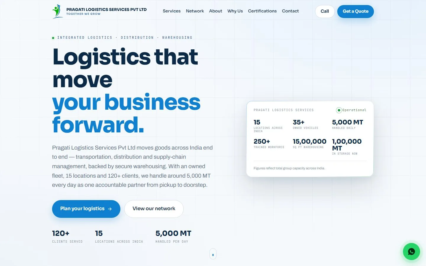 Pragati Logistics — a clean, corporate logistics website with a bold blue headline and a live capacity panel.
