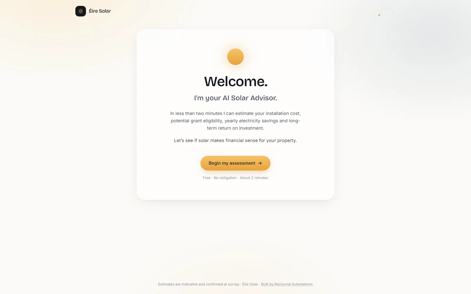 Éire Solar AI Advisor — a conversational solar assessment interface that estimates installation cost, grant eligibility and yearly savings.