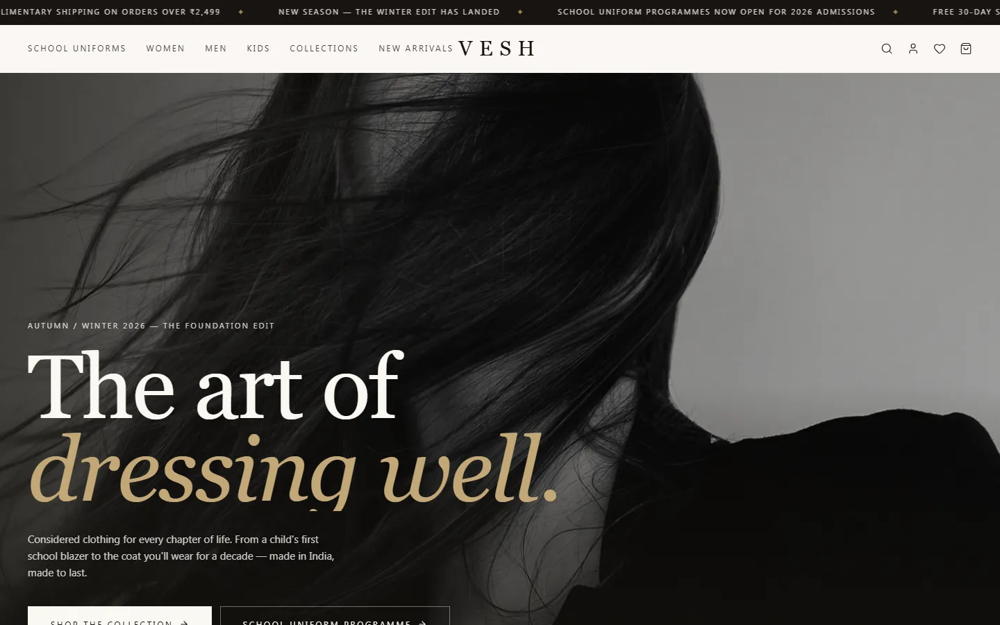 VESH — an editorial fashion storefront with a refined serif hero over a warm, minimal layout.