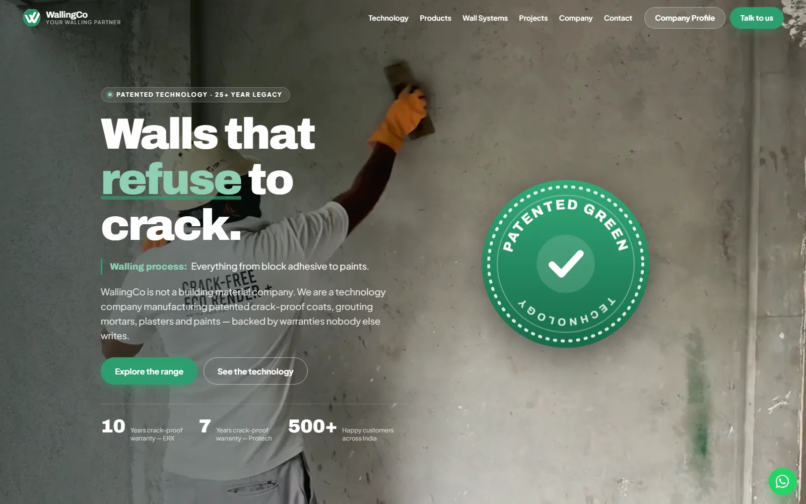 WallingCo — an industrial building-technology website with a bold crack-proof walling headline over a plastering photograph and a patented green technology seal.